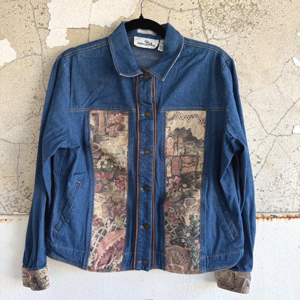Vintage Tapestry Denim Jacket Floral Garden Scenic 90s Cottagecore Erin London M